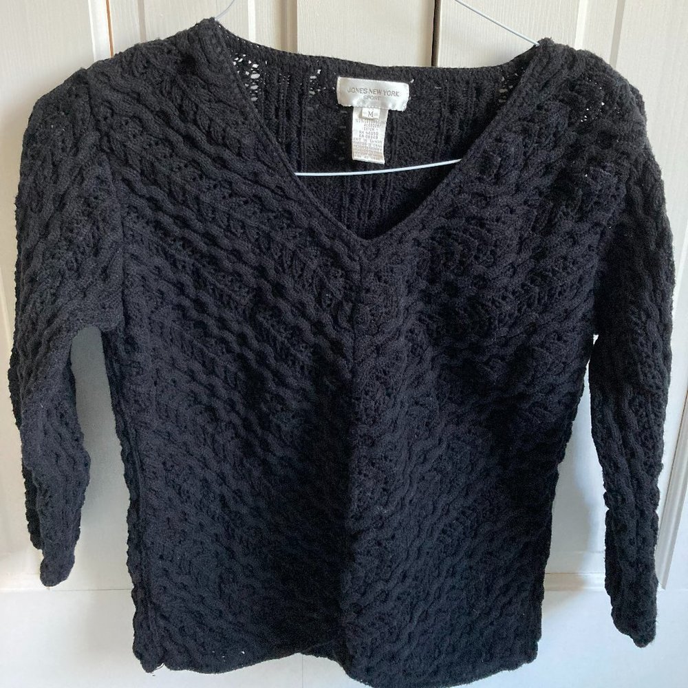 Jones New York V-Neck Black Sweater - 3/4 Sleeve